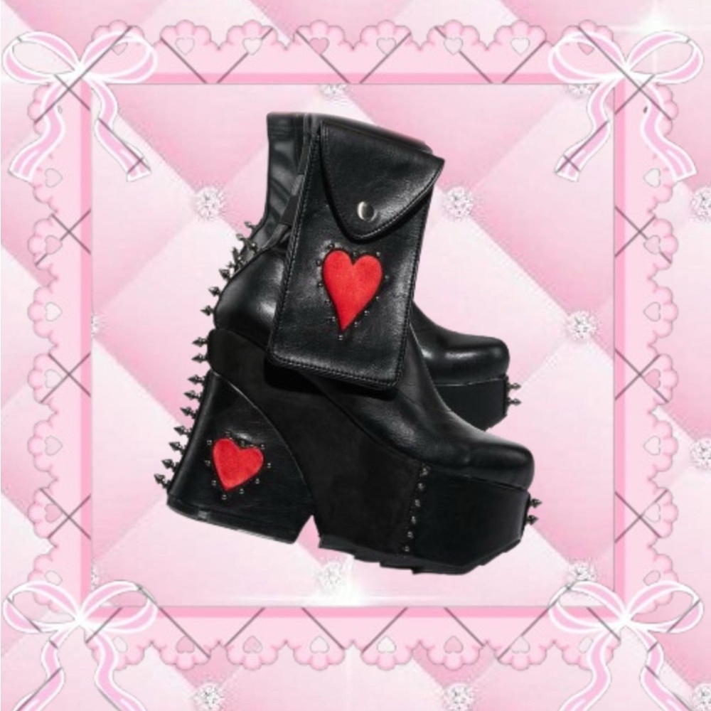 Demonia Black and Red Platform Heeled Boots with Spikes
